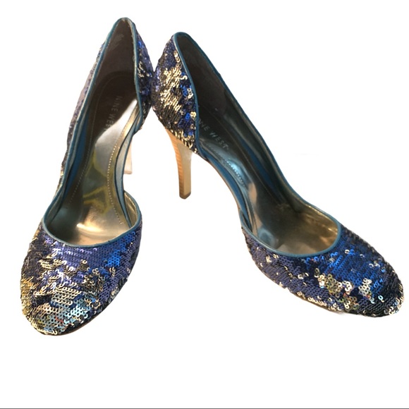 Nine West Blue Sequin Embellished High Heel Glam Party Shoes 8W - Picture 1 of 5